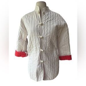 1970s Foxey, Made in Yugoslavia, Off‎ White w/Red Cuffs Quilted Tang Suit